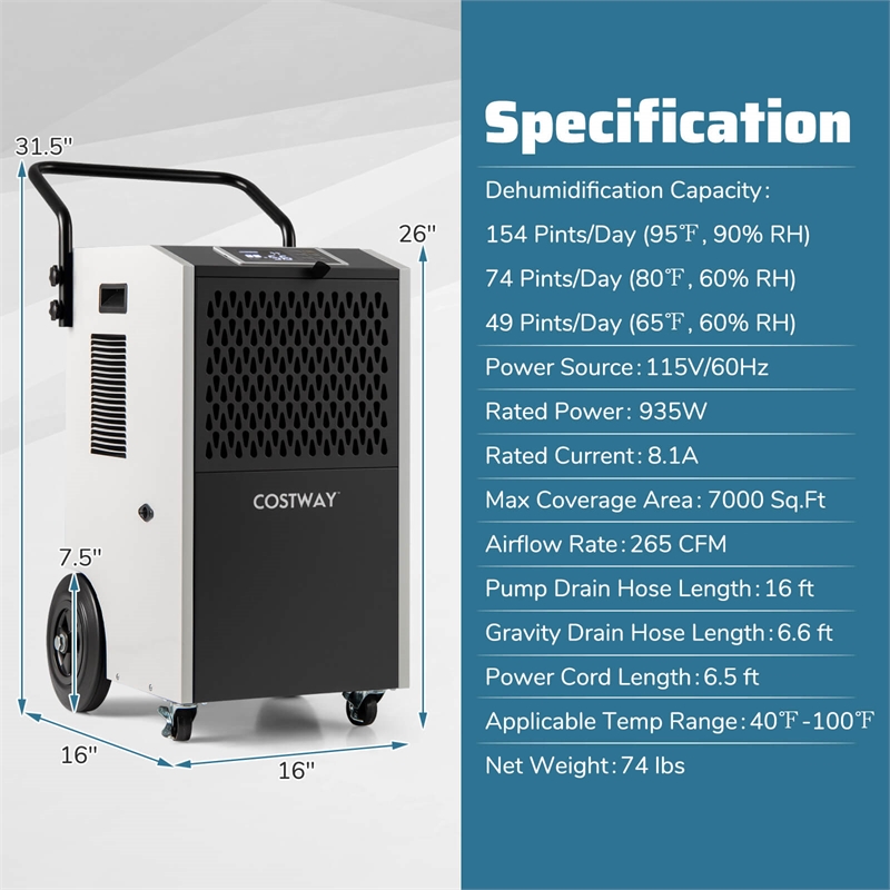 49 Pint(DOE) Commercial Dehumidifier 7500 Sq.ft Coverage Area White