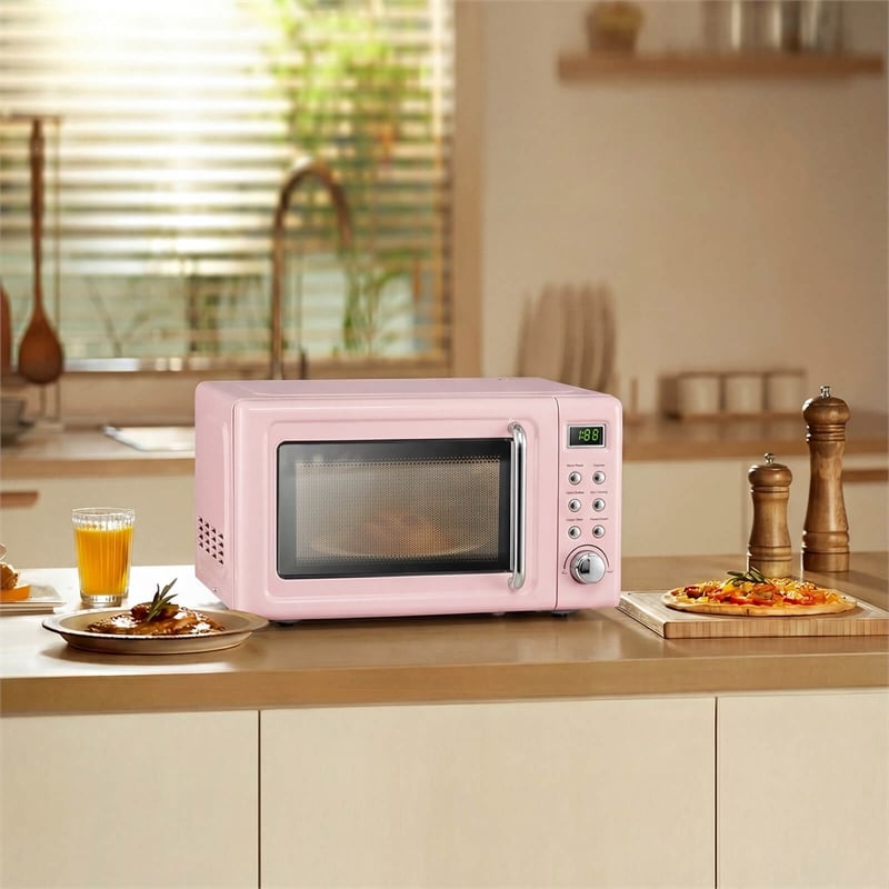 0.7 Cu.ft Retro Countertop Microwave Oven 700W LED Pink