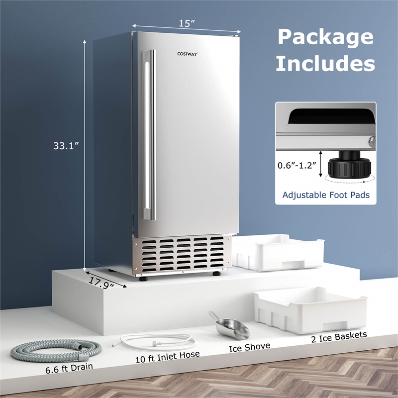 Under Counter Nugget Ice Maker with Self Cleaning 24H Timer Silver