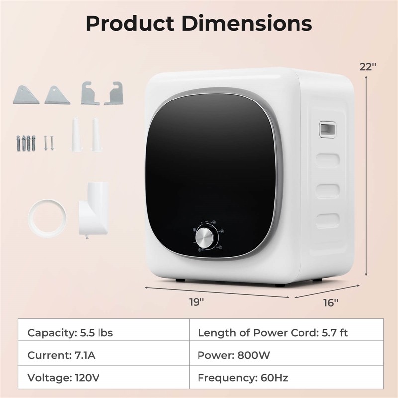 800W Electric 1.5 cu.ft Compact Drying Machine White