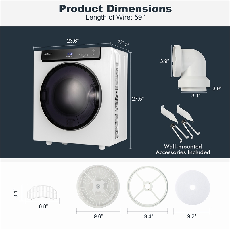 1400W Electric Tumble Compact Laundry Dryer Tub 8.8lbs White