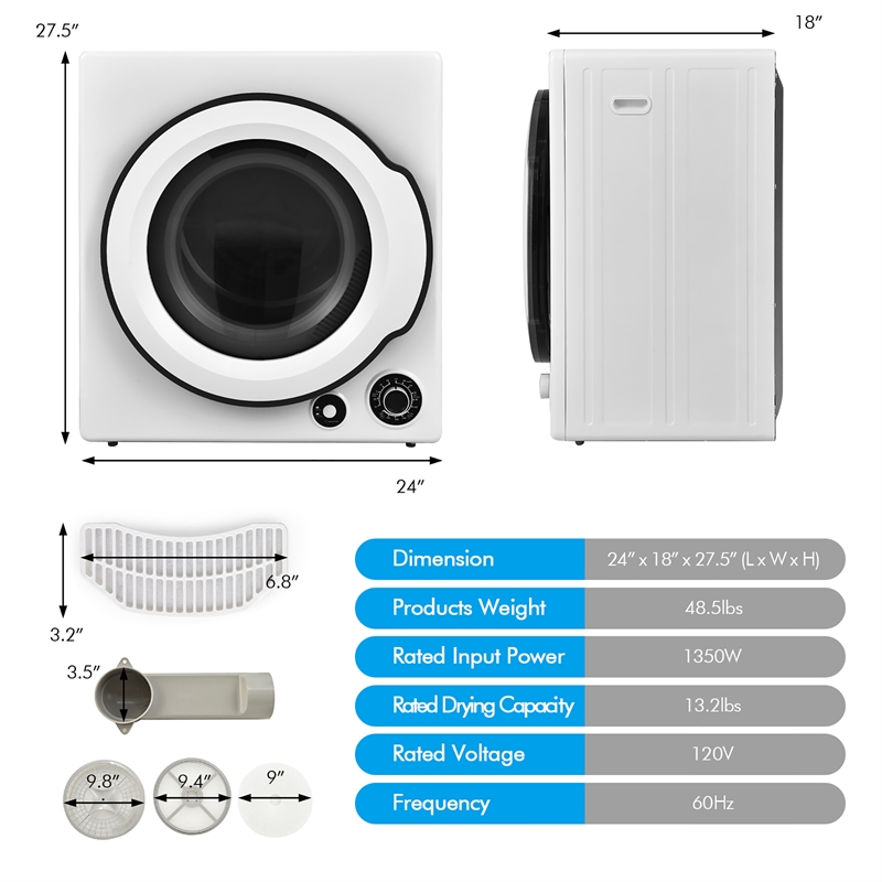 1350W Electric Compact Laundry Dryer 13.2 LBS White