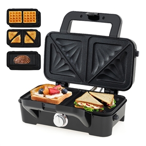 3 in 1 Waffle Iron Panini Press Grill and Sandwich Maker Set with Removable Non-Stick Plates Black Stainless Steel