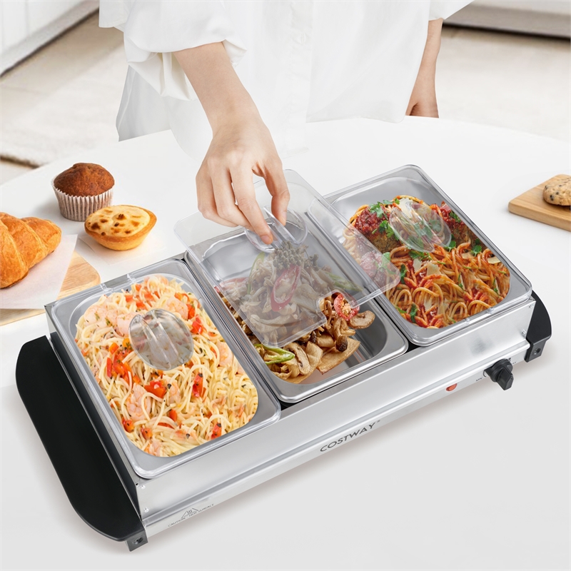 Electric Buffet Server Food Warmer with 3 Removable Trays Adjustable Tempered Silver Stainless Steel