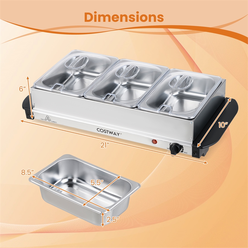 Electric Buffet Server Food Warmer with 3 Removable Trays Adjustable Tempered Silver Stainless Steel