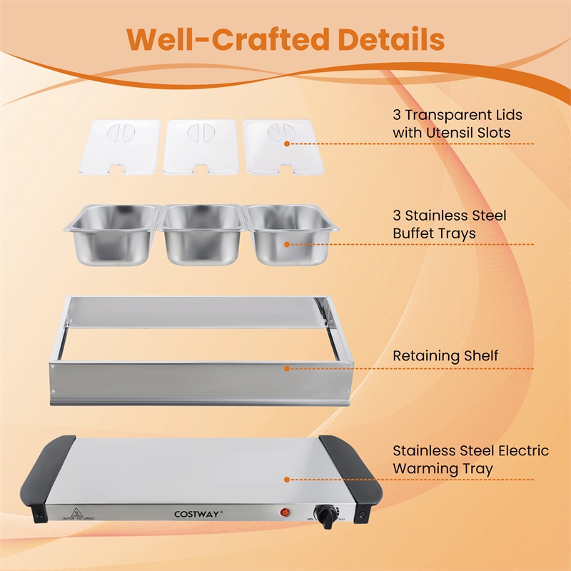 Electric Buffet Server Food Warmer with 3 Removable Trays Adjustable Tempered Silver Stainless Steel