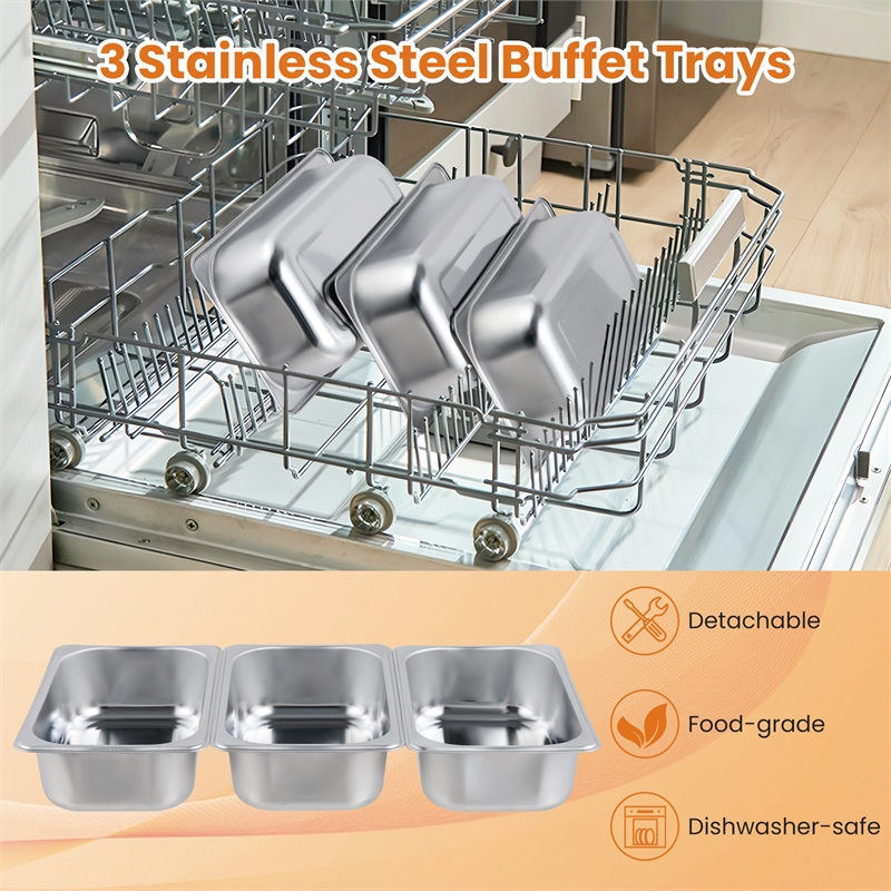 Electric Buffet Server Food Warmer with 3 Removable Trays Adjustable Tempered Silver Stainless Steel