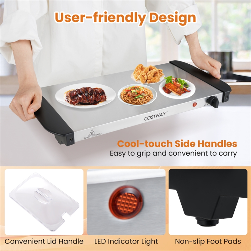 Electric Buffet Server Food Warmer with 3 Removable Trays Adjustable Tempered Silver Stainless Steel