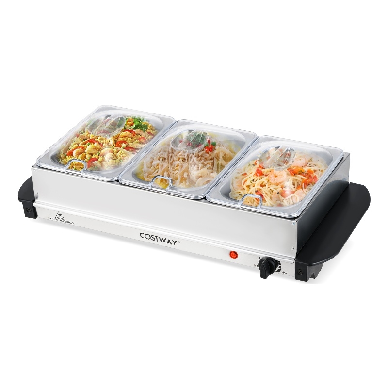 Electric Buffet Server Food Warmer with 3 Removable Trays Adjustable Tempered Silver Stainless Steel