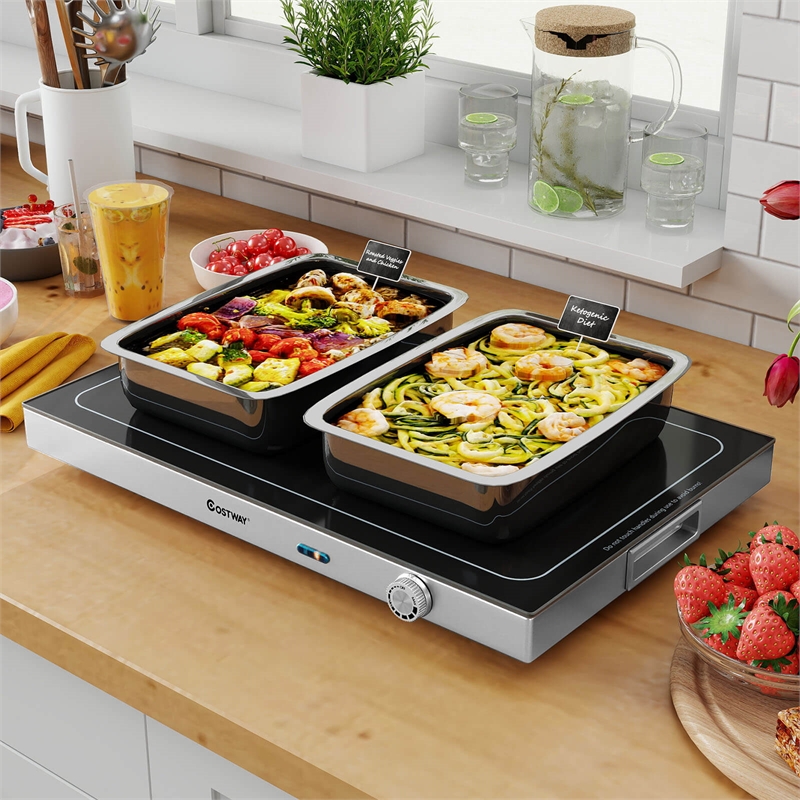 1 PCS Electric Warming Tray with Adjustable Temperature Built-In Handles for Buffets Black Stainless Steel