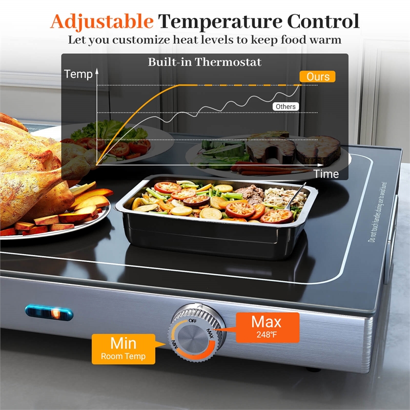 1 PCS Electric Warming Tray with Adjustable Temperature Built-In Handles for Buffets Black Stainless Steel