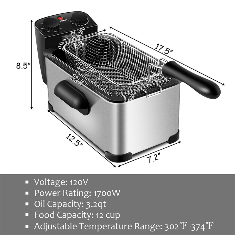 Electric Deep Fryer 3.2 QT/12-Cup Stainless Steel 1700W with Frying Basket Silver Metal
