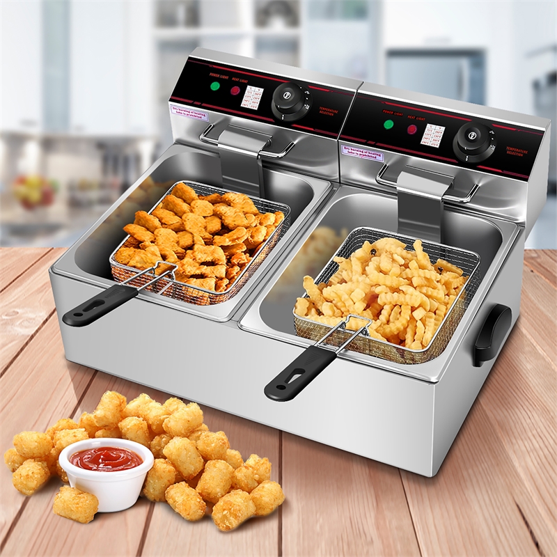3400W Electric Countertop Deep Fryer Dual Tank Home Steel Silver