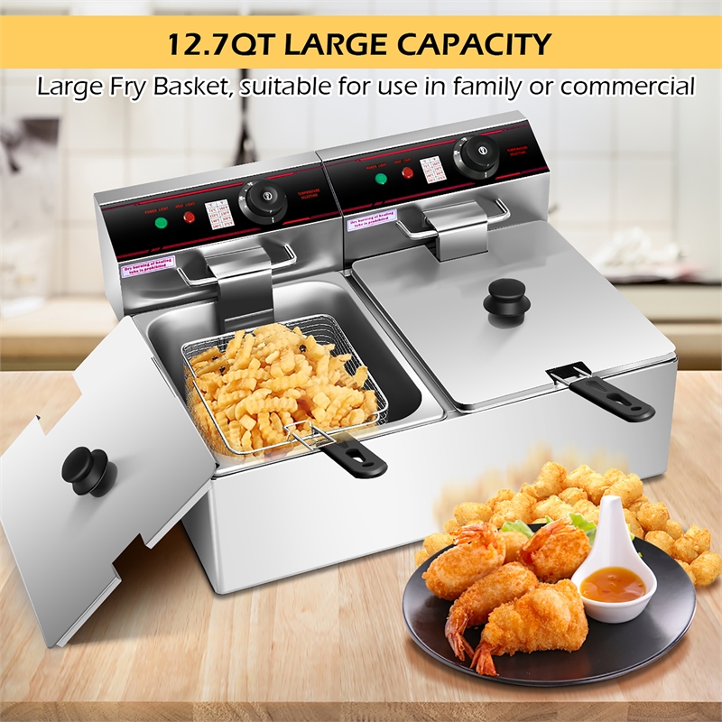 3400W Electric Countertop Deep Fryer Dual Tank Home Steel Silver