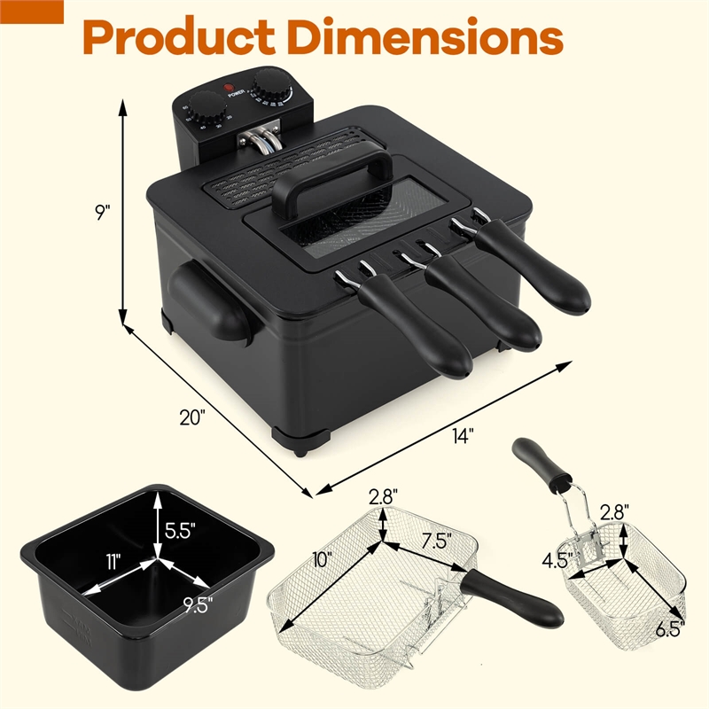 5 Liter Electric Deep Fryer 1700W Oil Fryer with 3 Detachable Frying Baskets Black Metal