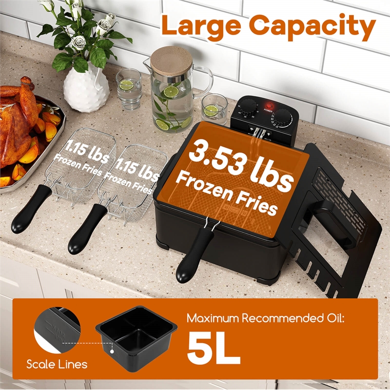 5 Liter Electric Deep Fryer 1700W Oil Fryer with 3 Detachable Frying Baskets Black Metal
