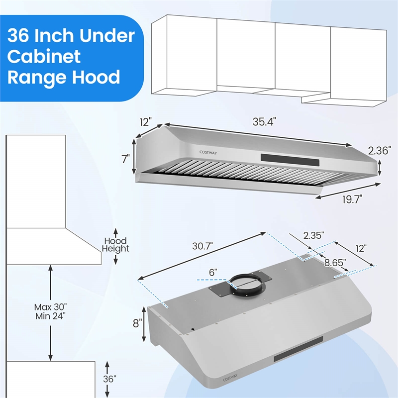 36 Inch Under Cabinet Range Hood with Oil Collector 4 Fan Speeds Silver