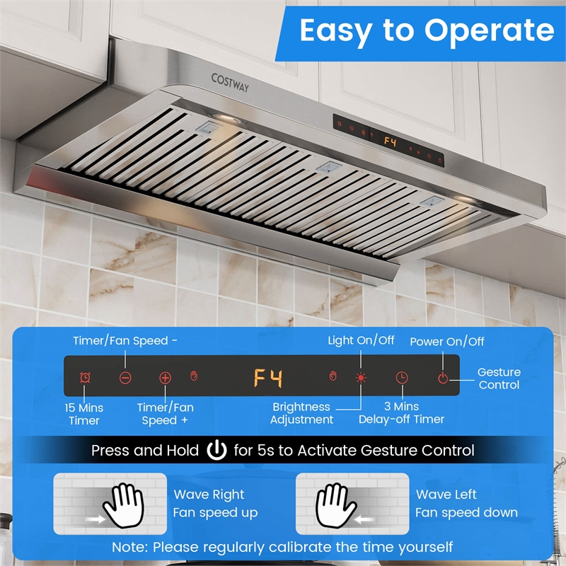 36 Inch Under Cabinet Range Hood with Oil Collector 4 Fan Speeds Silver
