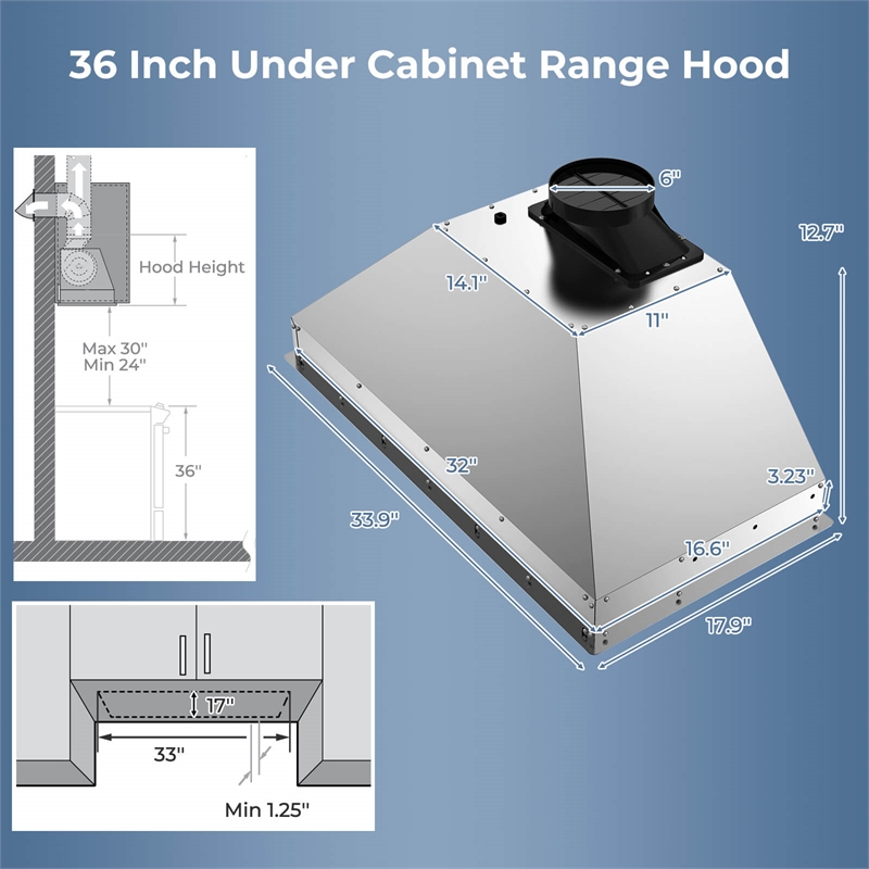 36 Inch Under Cabinet Range Hood with 4 Fan Speeds Touch/Gesture/Remote Control Silver Stainless Steel