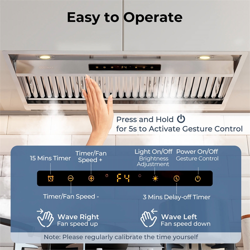 36 Inch Under Cabinet Range Hood with 4 Fan Speeds Touch/Gesture/Remote Control Silver Stainless Steel