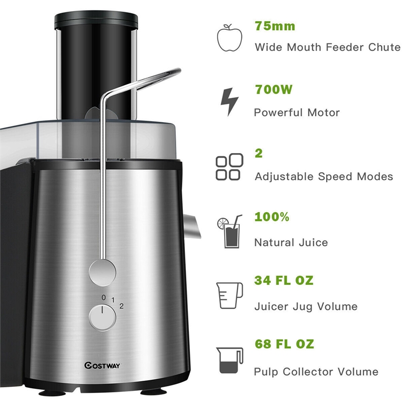 Electric Juicer Wide Mouth Fruit & Vegetable Centrifugal Juice Extractor 2 Speed Silver Plastic