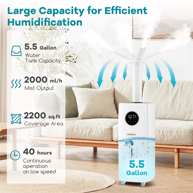 2200 sq.ft Whole House Humidifier 5.5Gal Top Fill Cool Mist Humidifier with Wheels White Plastic