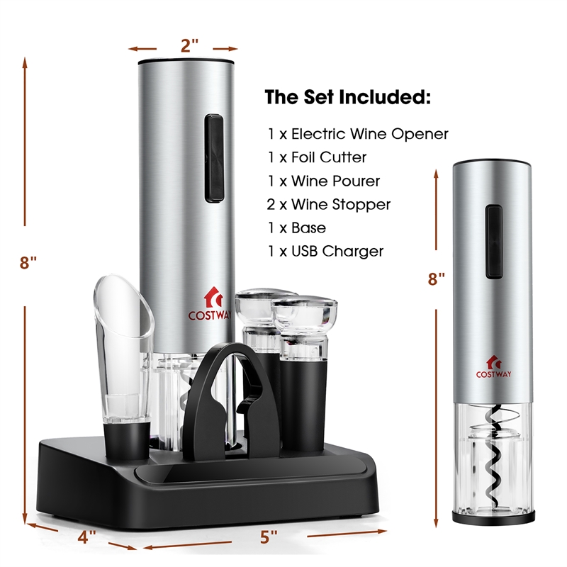 6 in 1Electric Wine Bottle Opener Set Rechargeable Cordless Corkscrew Opener Set Black Stainless Steel