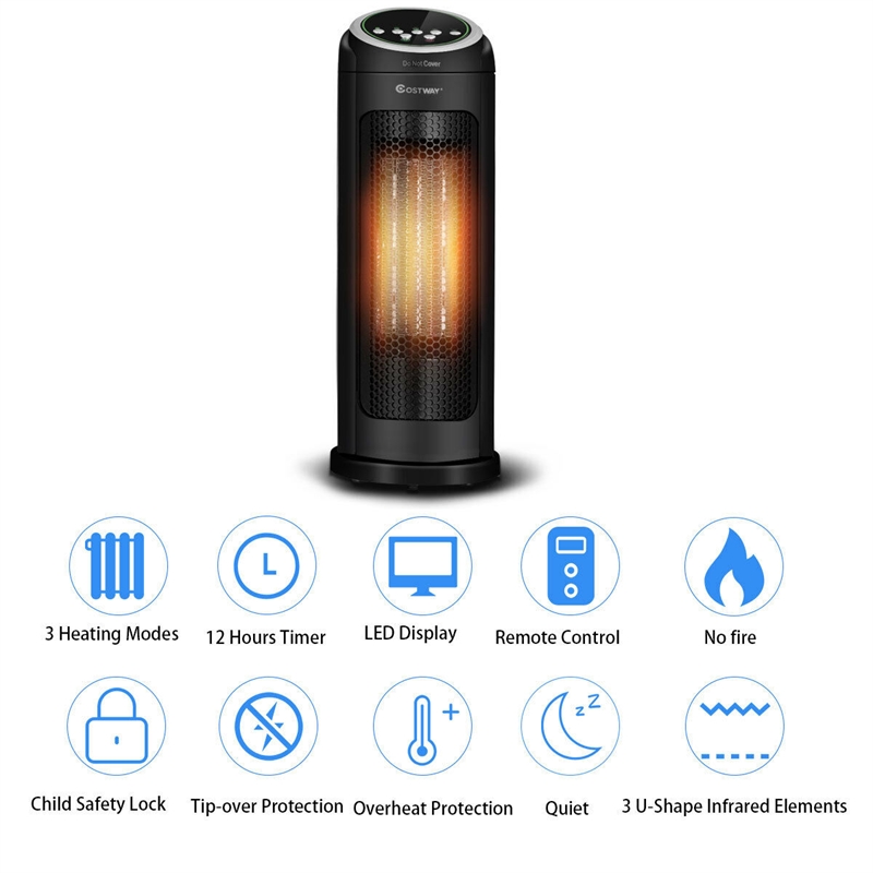 Portable Oscillating PTC Ceramic Space Heater 1500W LED 12H Timer Remote Control Black Plastic