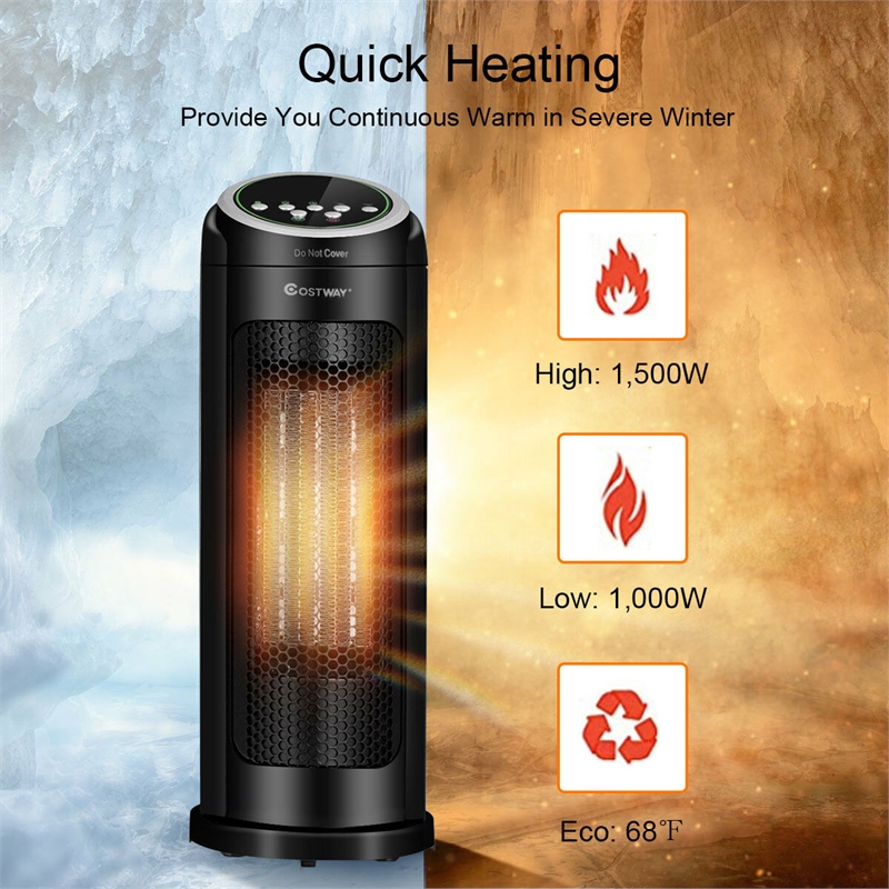 Portable Oscillating PTC Ceramic Space Heater 1500W LED 12H Timer Remote Control Black Plastic