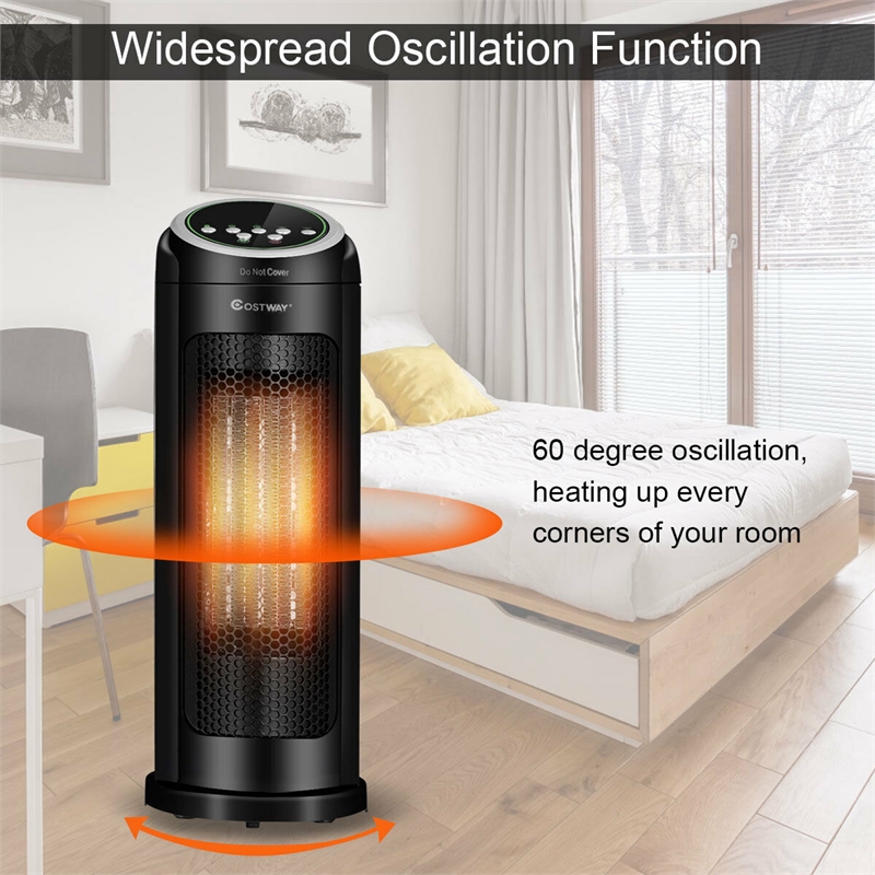 Portable Oscillating PTC Ceramic Space Heater 1500W LED 12H Timer Remote Control Black Plastic