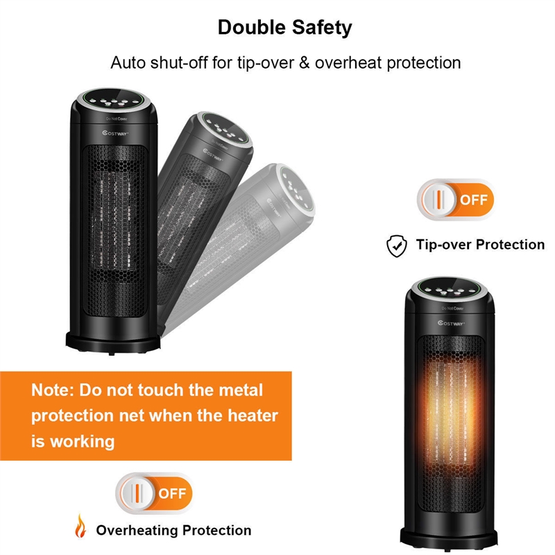 Portable Oscillating PTC Ceramic Space Heater 1500W LED 12H Timer Remote Control Black Plastic