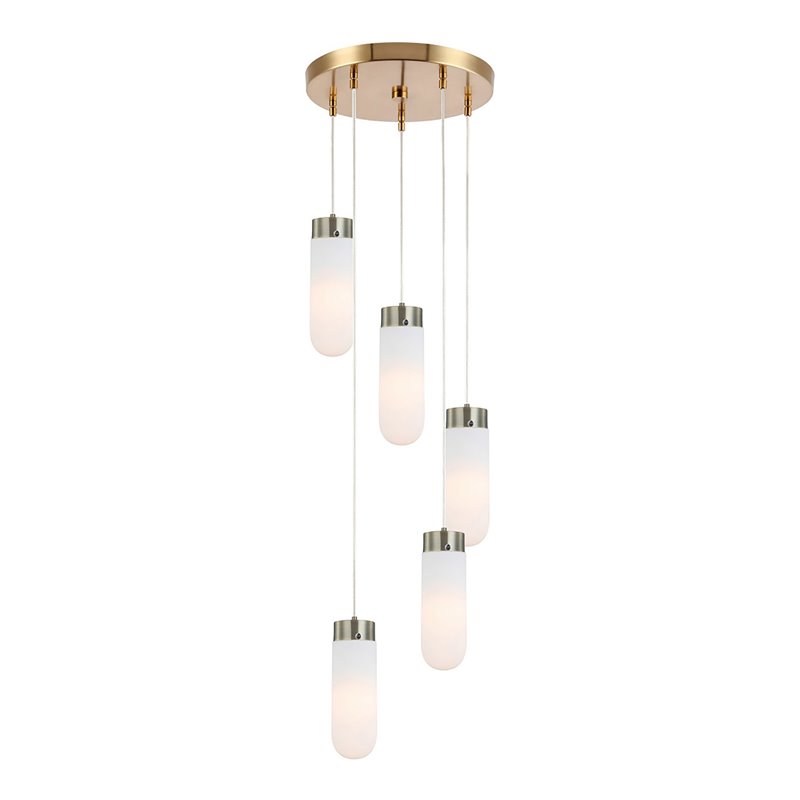 Woodbridge Lighting Tanner 5-Light LED Opal Bullet Cluster Pendant in Brass