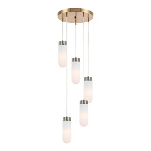 Woodbridge Lighting Tanner 5-Light LED Opal Bullet Cluster Pendant in Brass