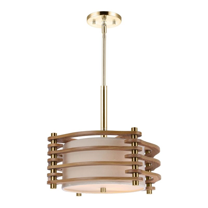 Woodbridge Lighting Steps 3-Light Wood & Fabric Pendant in Brushed Brass/Ash