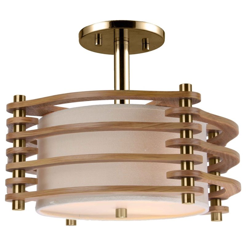 Woodbridge Lighting Steps 3-light Wood & Fabric Semi Flush Fixture in Ash/Brass