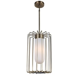 Woodbridge Lighting Tanner Cylindrical Steel & Glass Cage Pendant in Brass