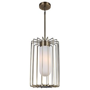 woodbridge lighting tanner cylindrical steel & glass cage pendant in brass
