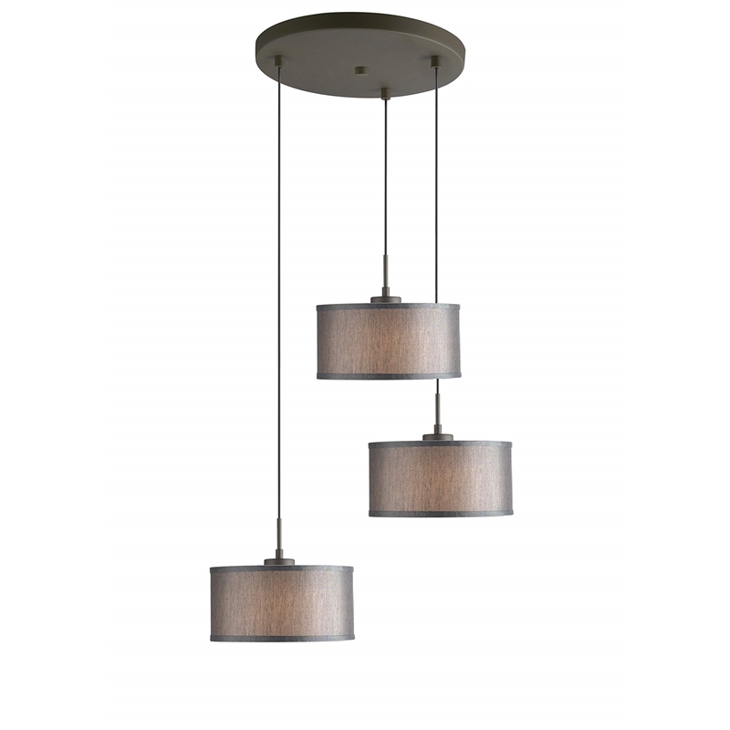 Woodbridge Lighting Drum 3-Light Fabric & Metal Cluster Pendant in Bronze/Gray