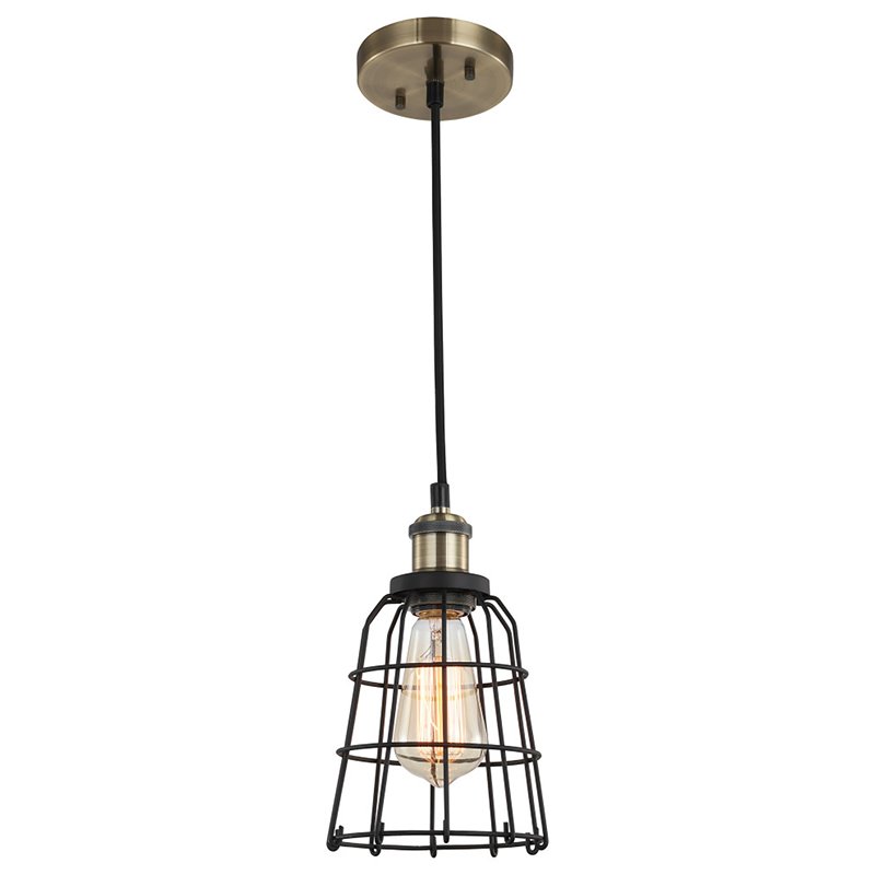 Woodbridge Lighting Fulton Wire Cage Metal Mini-Pendant in Antique Brass/Black