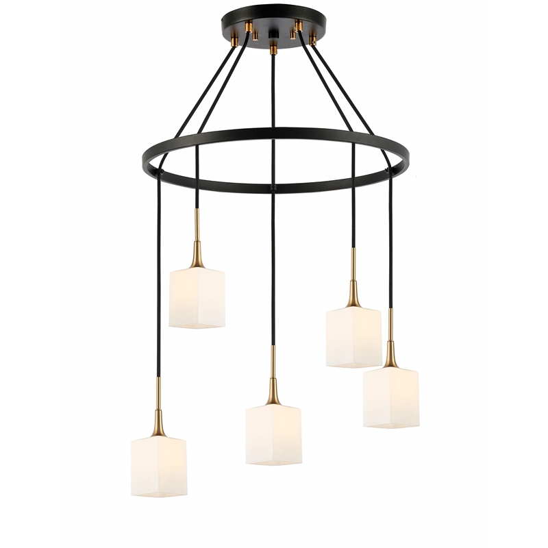 Woodbridge Lighting Chelsea 5Lt Square Glass Chandelier in Brass/Bronze/Opal