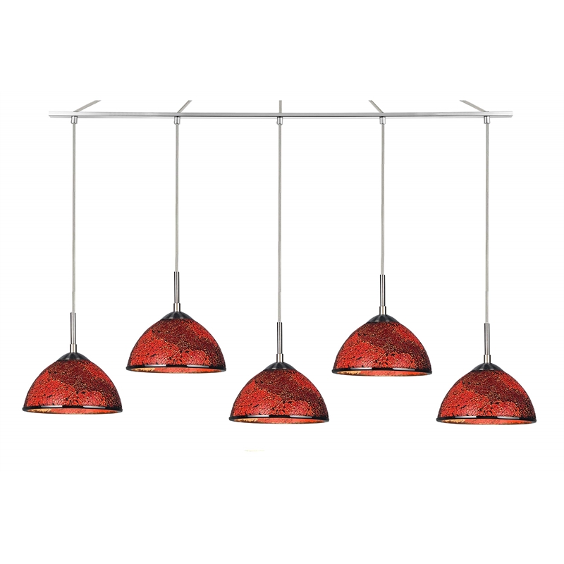 Woodbridge Lighting Alexis 5-Light Glass Linear Pendant in Nickel/Mosaic Red