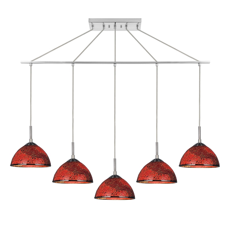 Woodbridge Lighting Alexis 5-Light Glass Linear Pendant in Nickel/Mosaic Red