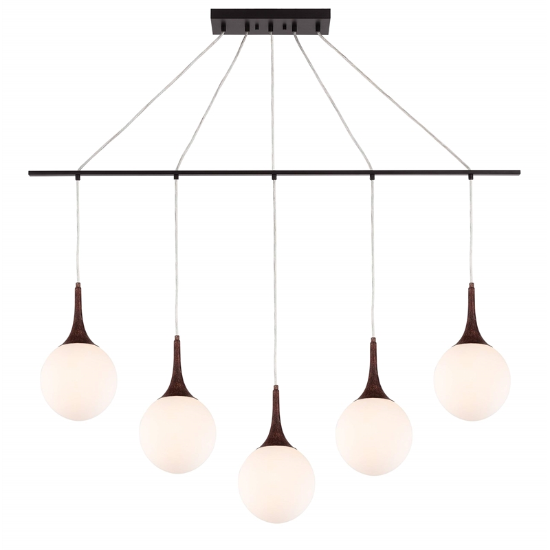 Woodbridge Lighting Alicia 5-Light Glass Linear Pendant in Walnut/Bronze/Opal