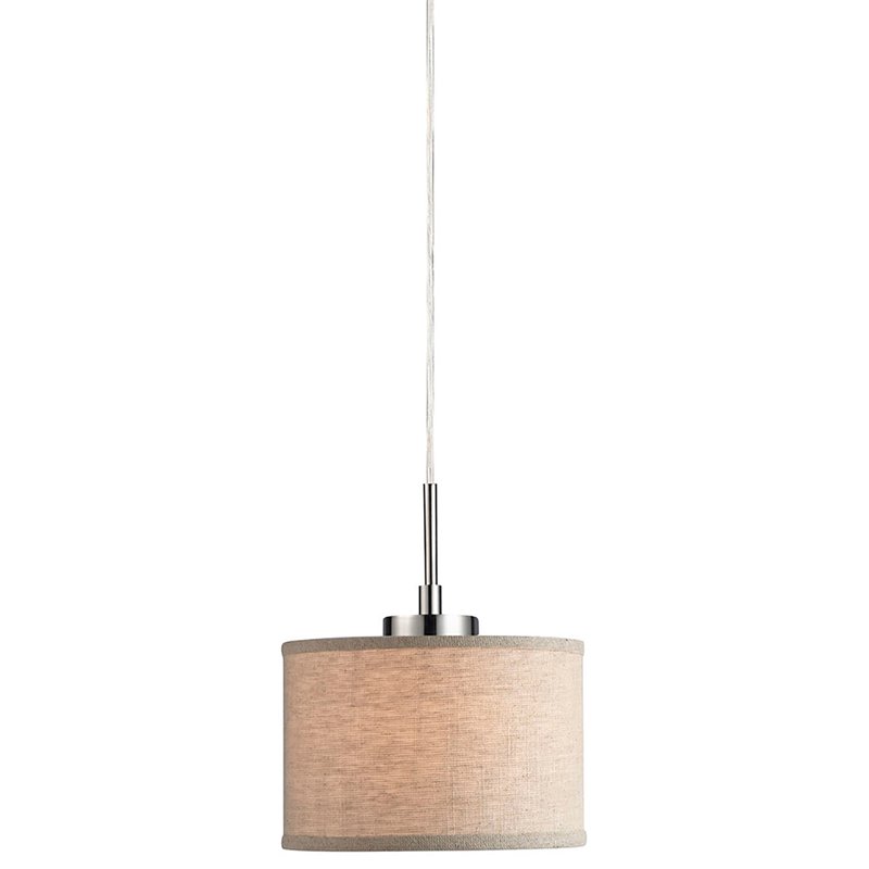 Woodbridge Lighting Drum 1-Light Fabric Mini-Pendant in Satin Nickel/Beige