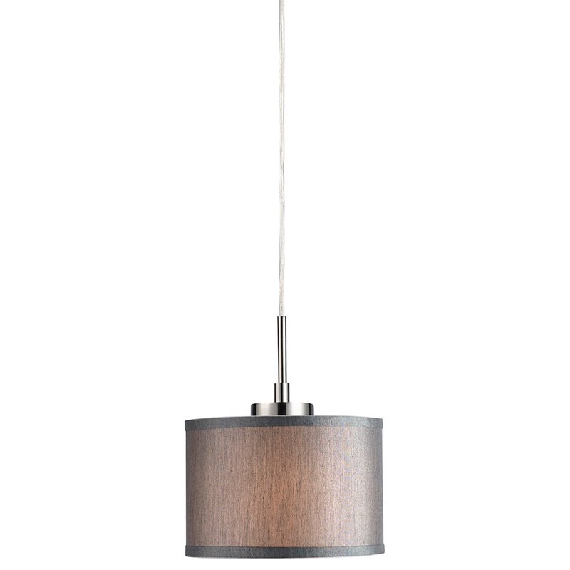 Woodbridge Lighting Drum 1-Light Fabric Mini-Pendant in Satin Nickel/Gray