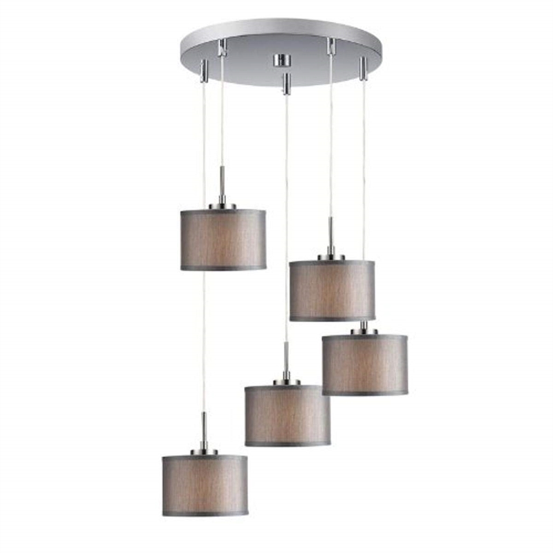 Woodbridge Lighting Drum 5-Light Fabric Cluster Pendant in Satin Nickel/Gray