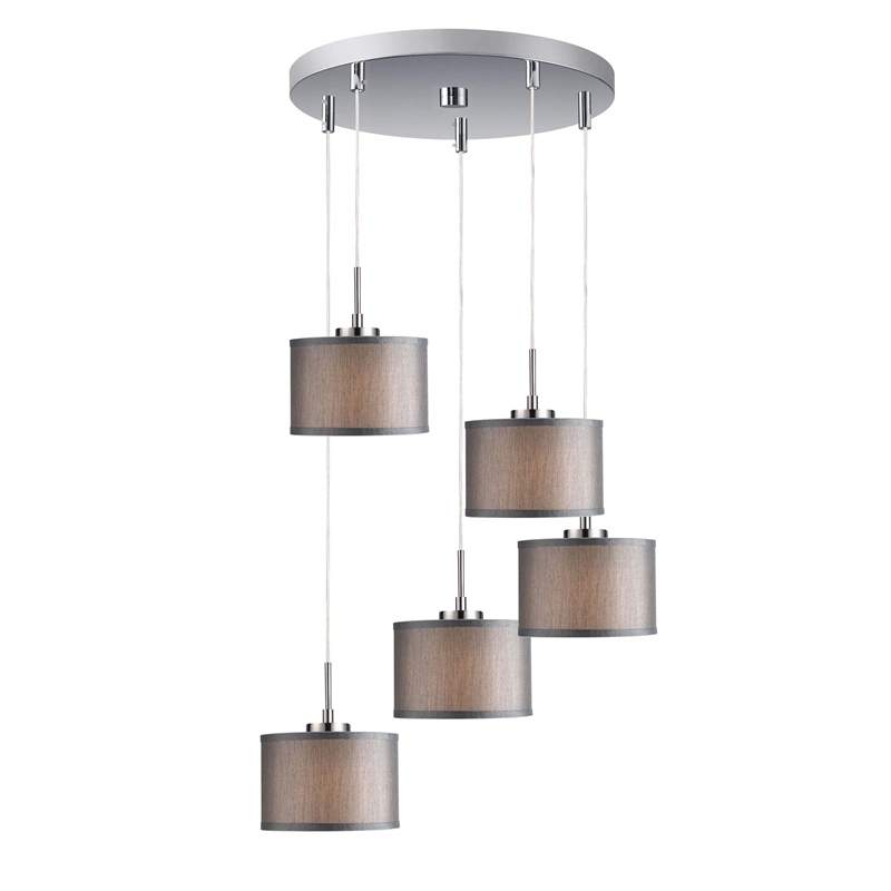 Woodbridge Lighting Drum 5-Light Fabric Cluster Pendant in Satin Nickel/Gray