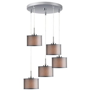 woodbridge lighting drum 5-light fabric cluster pendant in satin nickel/gray