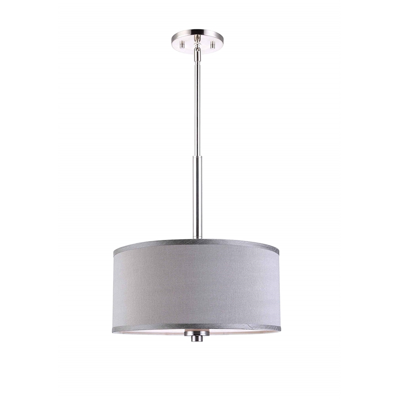 Woodbridge Lighting Drum 3-Light Fabric Pendant in Satin Nickel/Gray
