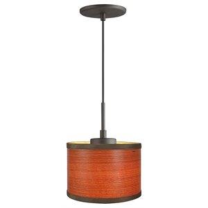 Woodbridge Lighting Drum 1-Light Wood Mini-Pendant in Bronze/Veneer Brulee